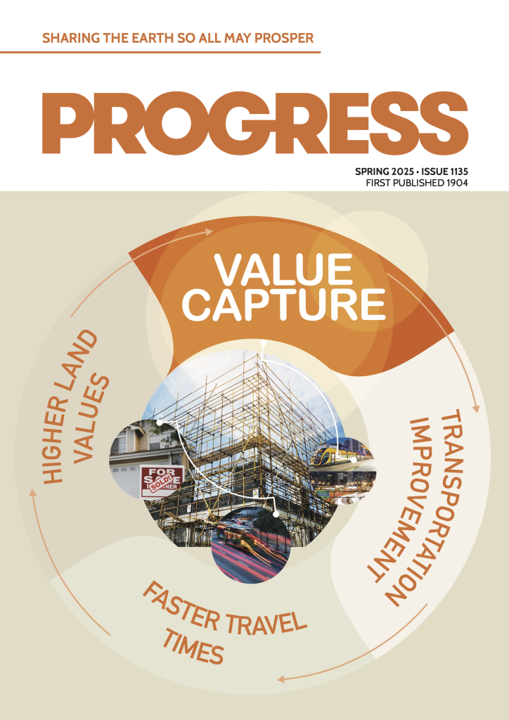 Cover of Progress magazine, Spring 2025 issue. The header reads “Sharing the Earth So All May Prosper.” Below the title “PROGRESS,” the main graphic shows a circular diagram labelled “Value Capture.” Around the circle are the phrases “Transportation Improvement,” “Faster Travel Times,” and “Higher Land Values,” each with arrows indicating a cycle. Inside the circle are images of housing with a “For Sale” sign, a scaffolding-covered building under construction, a train, and blurred car lights, representing urban development and infrastructure.